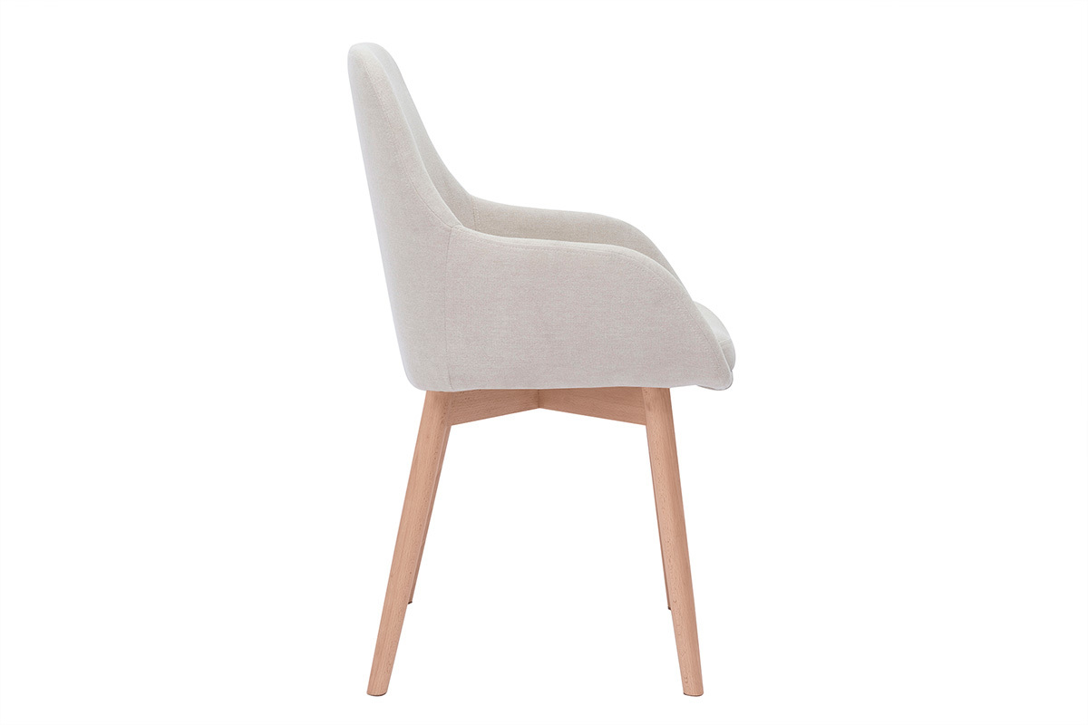Skandinavischer Sessel in Beige aus Stoff und hellem Holz, Seitenansicht.