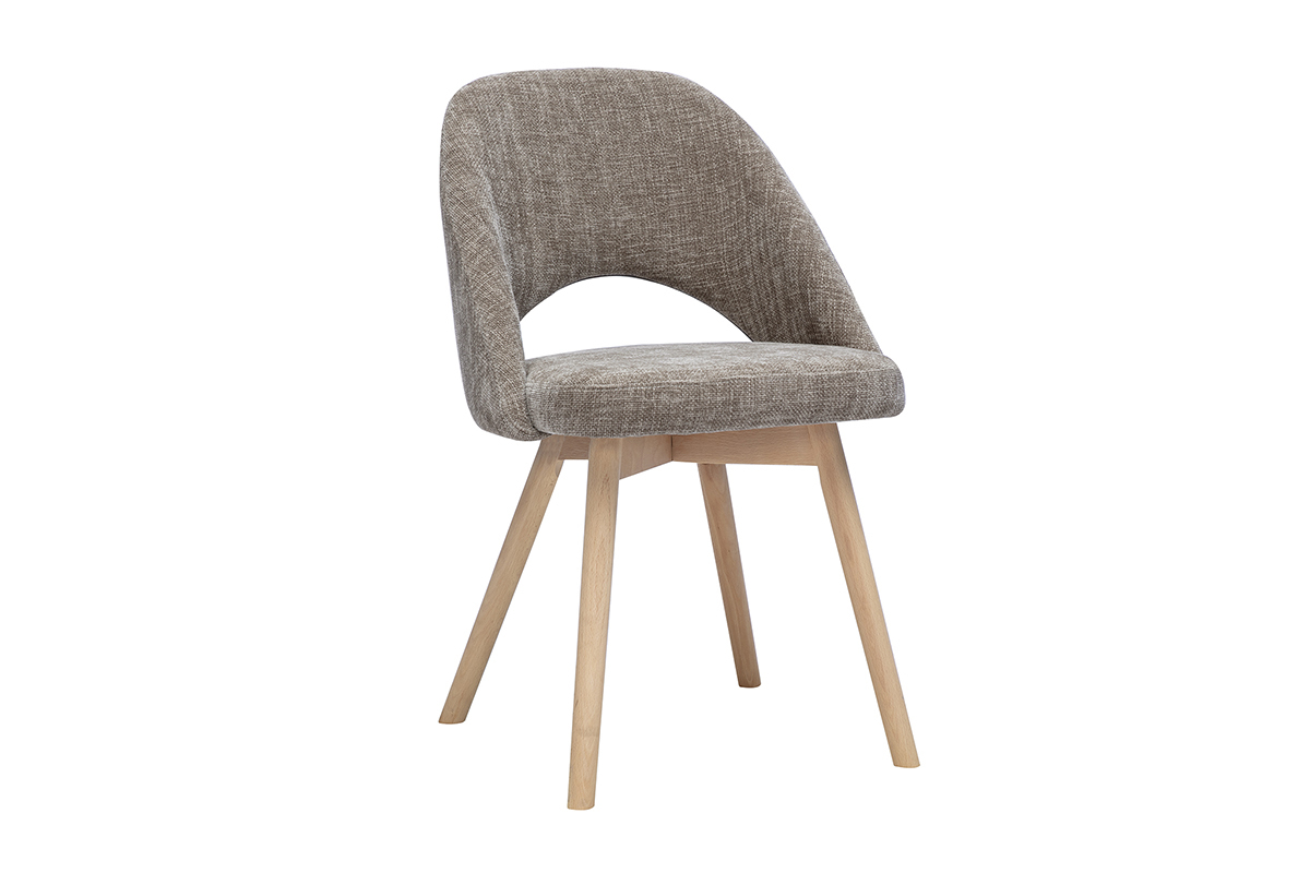Skandinavischer Stuhl aus Stoff in taupefarbenem Samteffekt und hellem Holz, 3/4-Ansicht