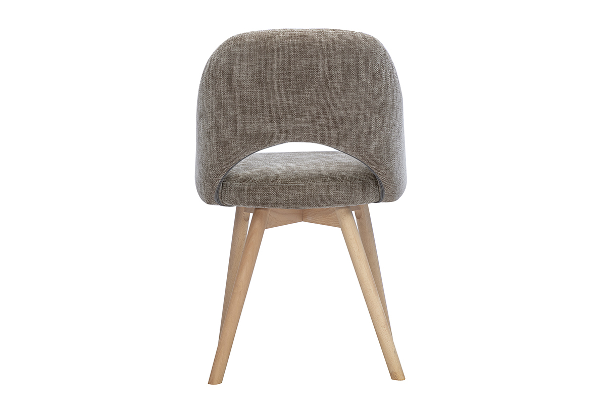 Skandinavischer Stuhl in Taupe aus Stoff in Samtoptik, R�ckansicht auf hellen Holzbeinen.