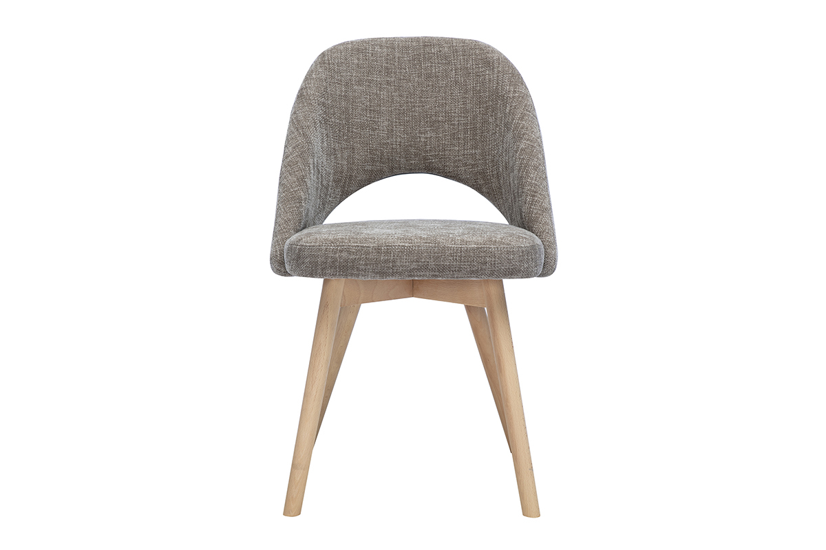 Skandinavischer Stuhl aus Stoff mit taupefarbenem, strukturiertem Samteffekt, Vorderansicht, F��e aus hellem Holz.