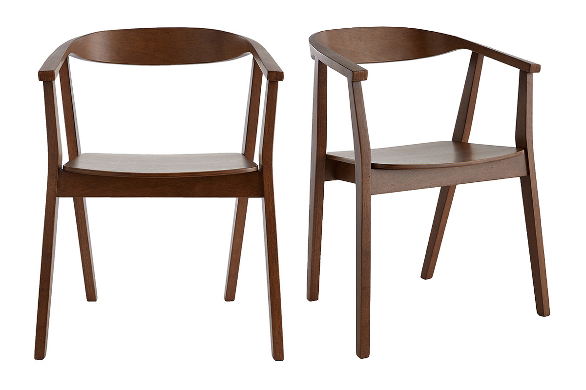 Set aus 2 skandinavischen St�hlen aus dunklem Holz, Vorderansicht, Retro-Design mit Armlehnen.