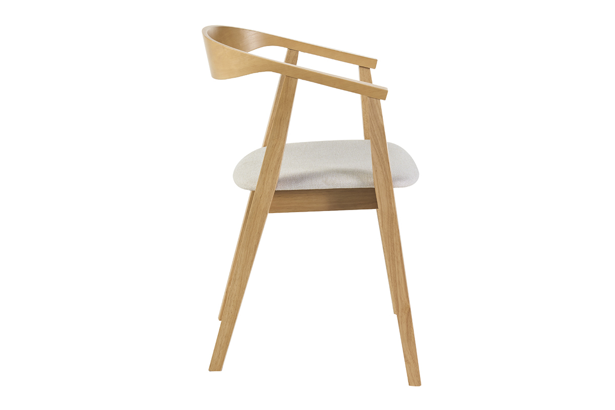 Skandinavischer Stuhl aus hellem Holz mit Sitzfl�che aus beigem Samtstoff, Seitenansicht.