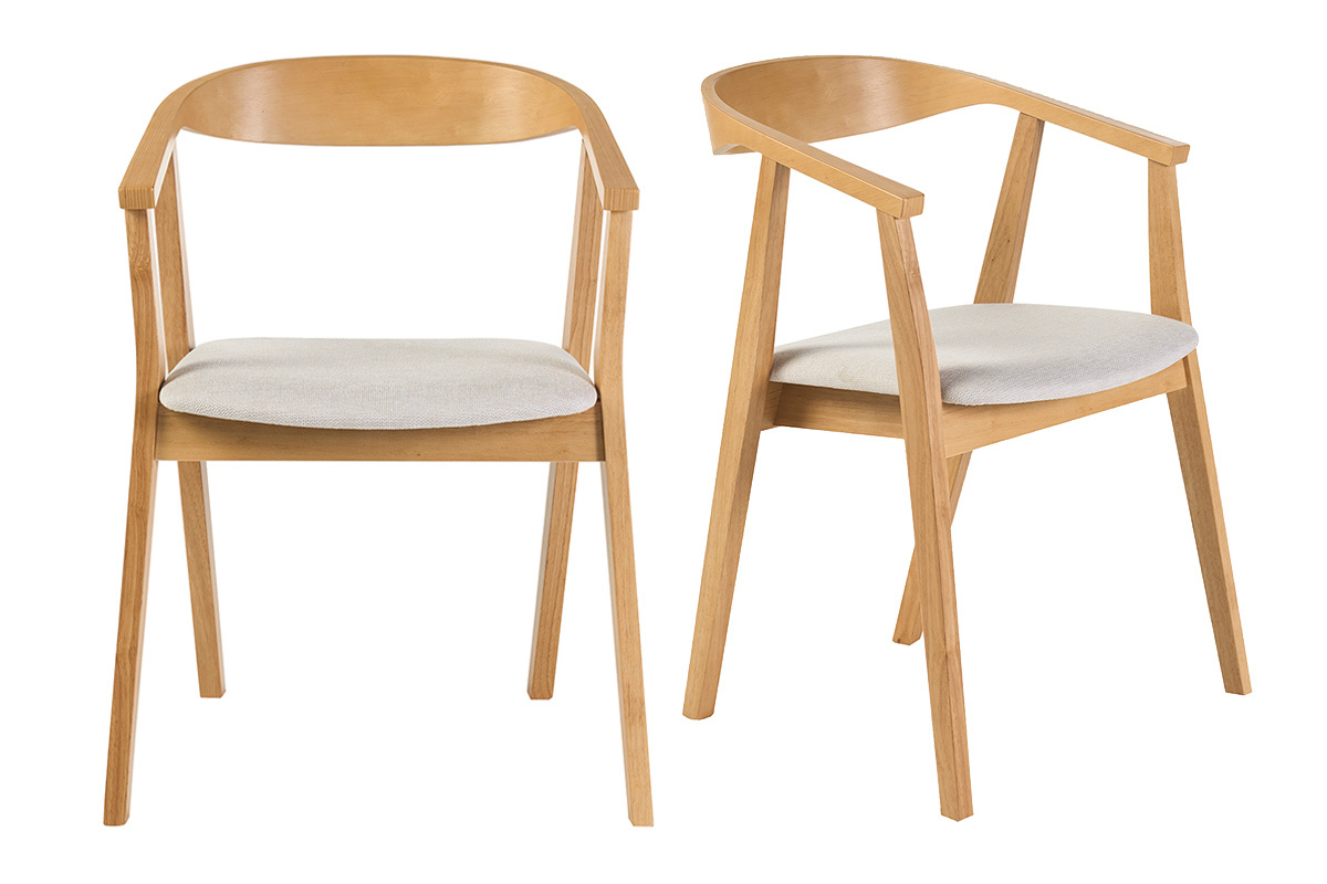 Set aus 2 skandinavischen St�hlen aus hellem Holz mit Armlehnen und beigem Stoff, Vorder- und Seitenansicht.