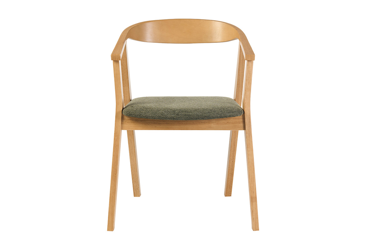 Skandinavischer Stuhl aus hellem Holz mit Sitzfl�che aus khakigr�nem Stoff, Frontansicht.