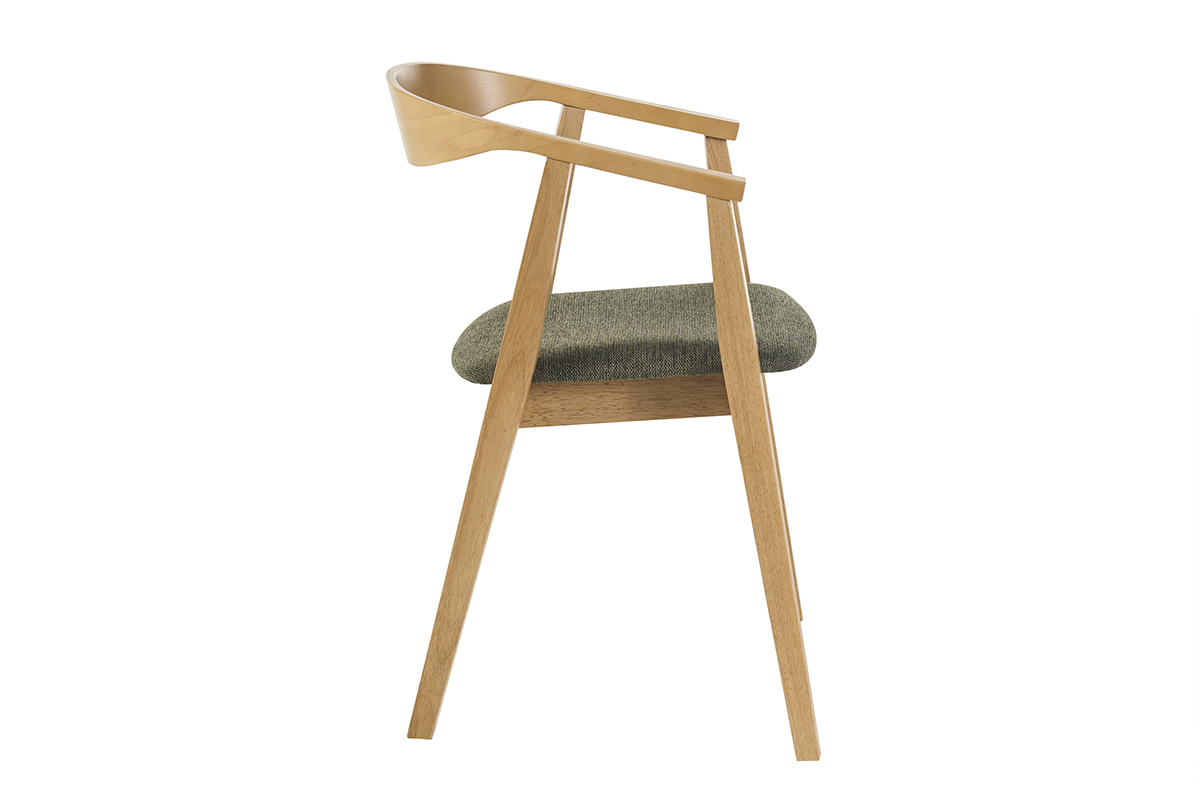 Skandinavischer Stuhl BAHIA aus hellem Holz mit Armlehnen und Sitzfl�che aus khakigr�nem Stoff, Seitenansicht.