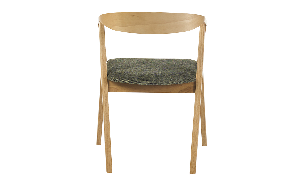 Skandinavischer Stuhl aus hellem Holz mit Sitzfl�che aus khakigr�nem Stoff, R�ckansicht.