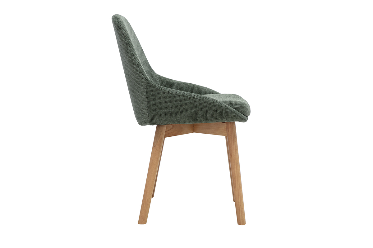 Skandinavischer Stuhl aus khakigr�nem Chenille-Stoff in Seitenansicht mit Gestell aus hellem Holz.