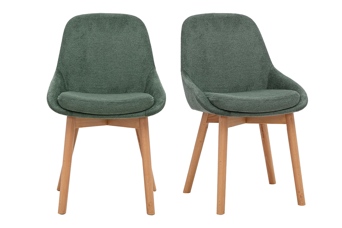 2er-Set skandinavischer St�hle aus olivgr�nem Chenille-Stoff mit Beinen aus hellem Holz