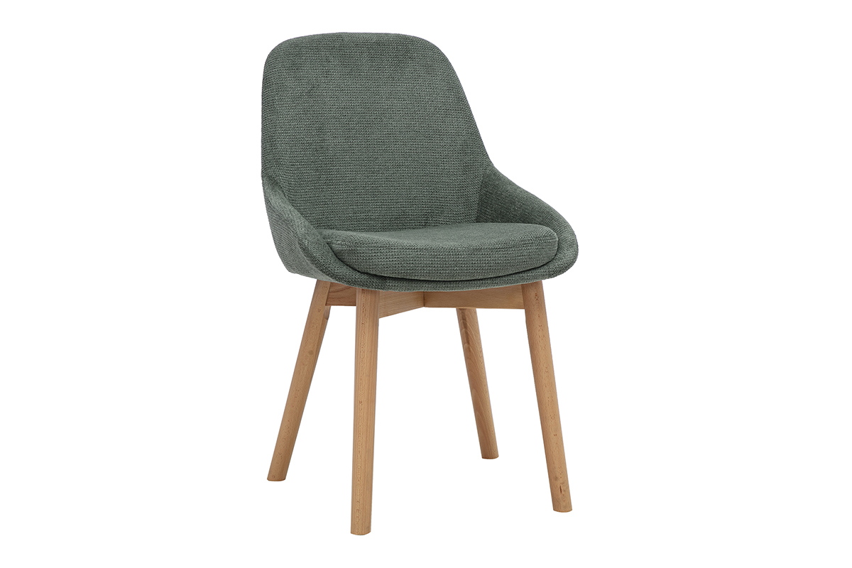 Skandinavischer Stuhl aus khakigr�nem Chenille-Stoff mit hellem Holzgestell, 3/4-Ansicht.