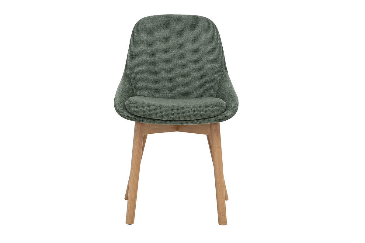 Skandinavischer Stuhl aus khaki-gr�nem Chenille-Stoff und hellem Holz, Vorderansicht