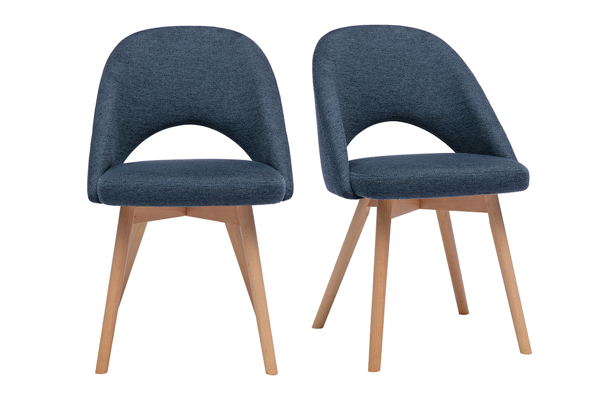 2er-Set skandinavischer St�hle aus dunkelblauem Stoff und hellem Holz, Frontansicht.