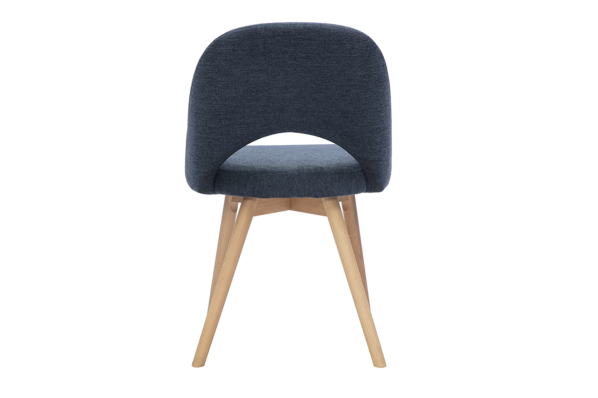 Blaue skandinavische Samtstuhl aus Stoff, R�ckansicht, mit Gestell aus hellem Holz.