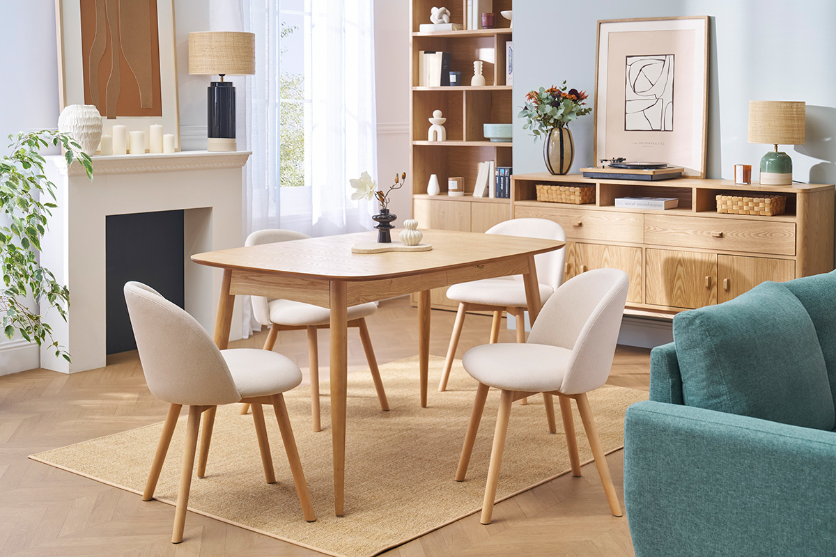 Skandinavische Sthle mit senfgelben Stoff mit Samteffekt und massivem Buchenholz (2er-Set) CELESTE