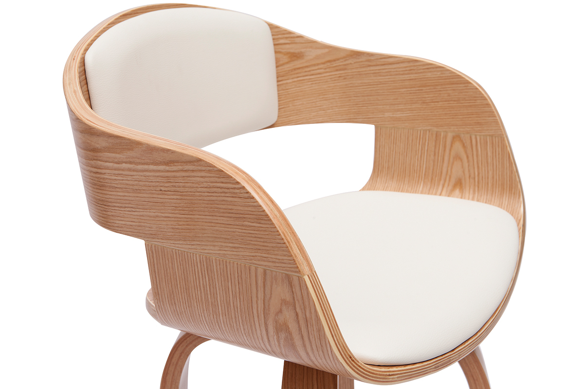 Skandinavischer Barhocker, helles Holz, Sitz und R�ckenlehne wei�, Seitenansicht.