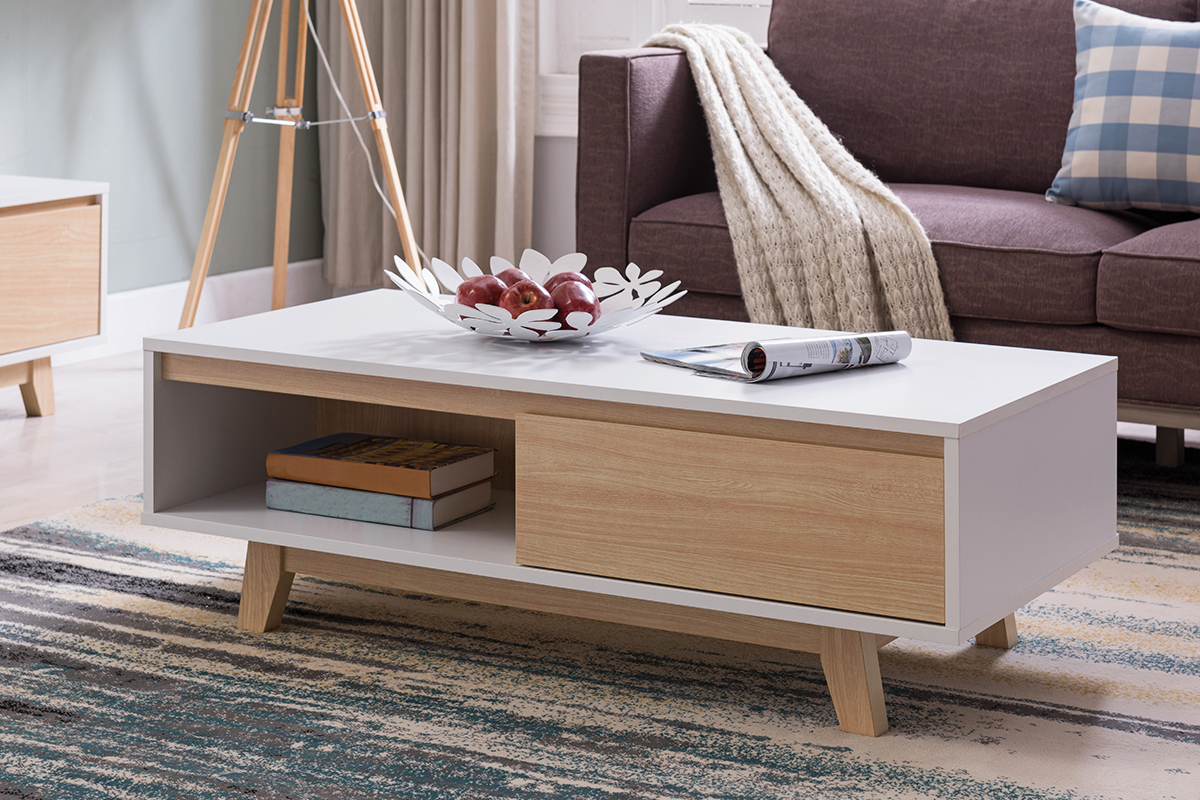 Skandinavischer Couchtisch Wei� gl�nzend und Holz LAHTI