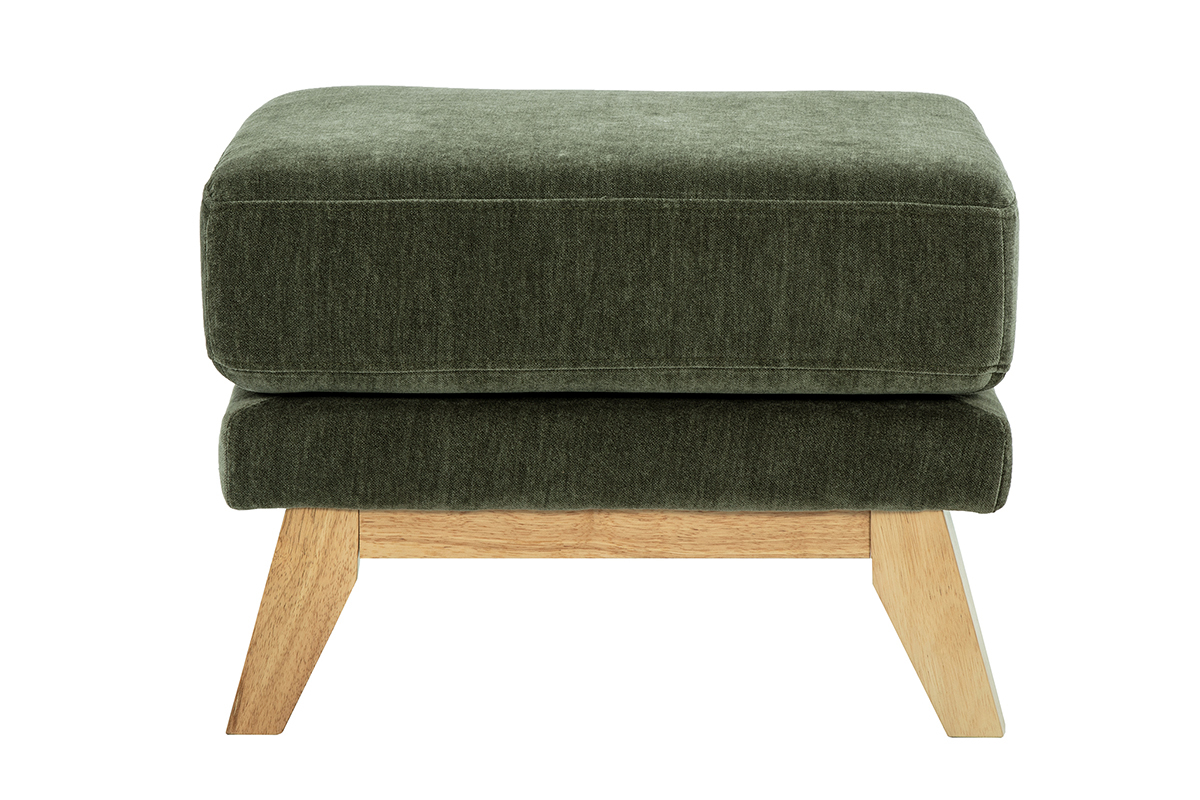 Pouf Hocker in Khakigr�n aus samtartigem Stoff mit hellen Holzf��en, Frontansicht.