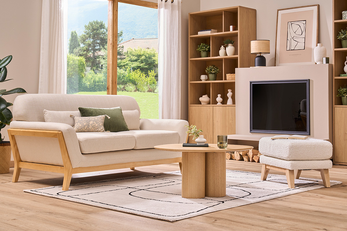 Skandinavischer Fu�hocker aus Stoff in Khakigr�nem Samteffekt und hellem Holz OSLO