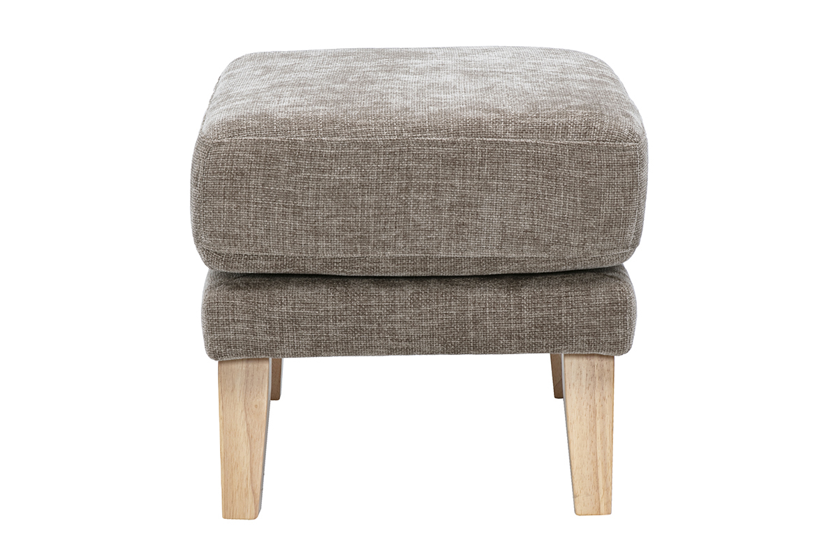 Skandinavischer taupefarbener Fu�hocker aus Stoff mit Samteffekt, Seitenansicht auf hellen Holzbeinen.