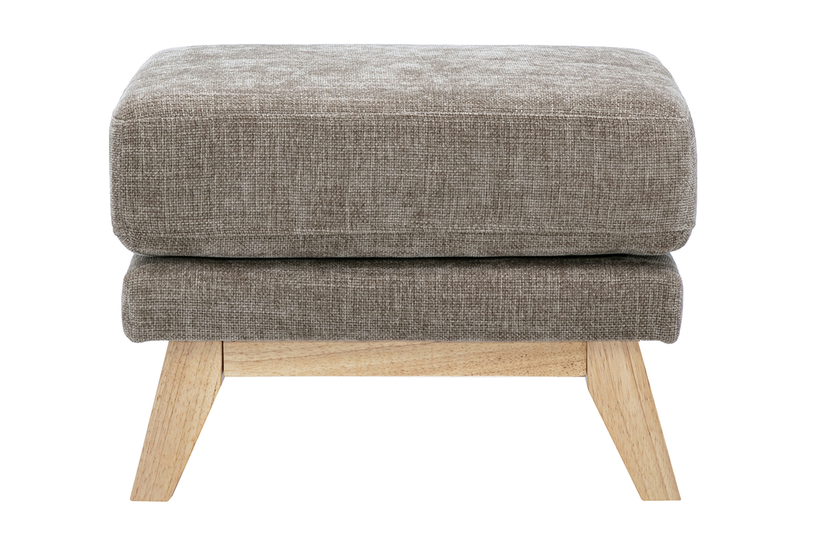 Skandinavischer Hocker als Fu�st�tze aus taupefarbenem Stoff mit Gestell aus hellem Holz, Vorderansicht.