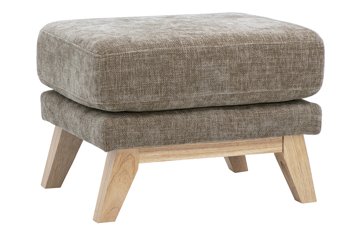 Skandinavischer taupefarbener Fu�hocker mit hellem Holzgestell, Drei-viertel-Ansicht
