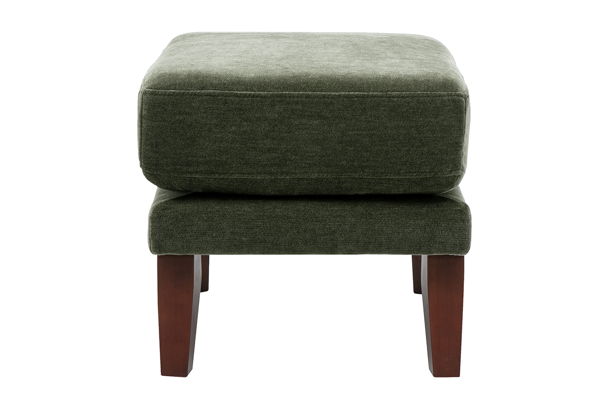 Skandinavischer Hocker als Fu�st�tze aus gr�nem Khaki-Samtstoff, Seitenansicht, mit dunklem Holzgestell.