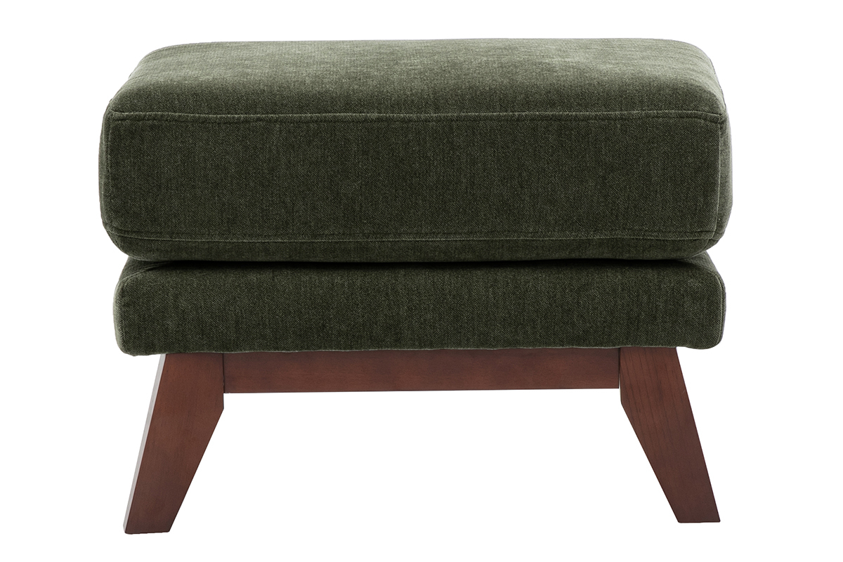 Skandinavischer khakigr�ner Fu�hocker mit dunklem Holzgestell, Vorderansicht.
