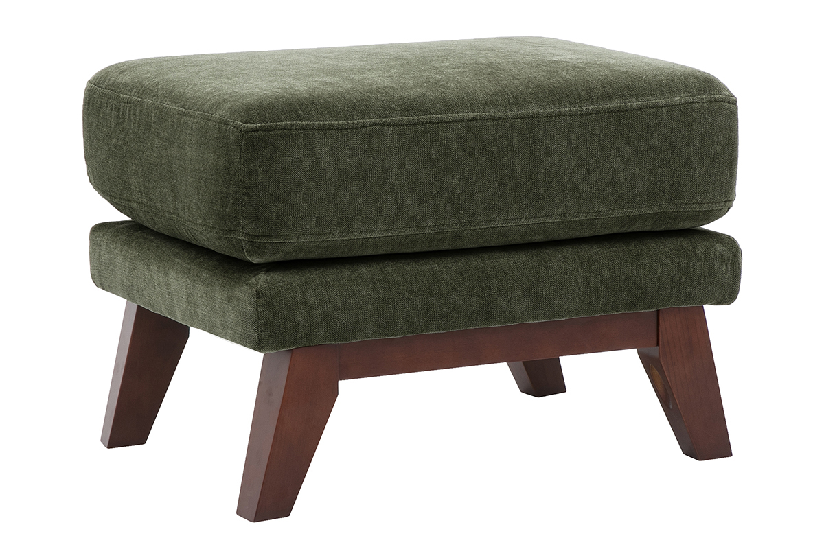 Skandinavischer Fu�hocker aus Stoff in khakigr�ner Samtoptik und dunklem Holz, 3/4-Ansicht.