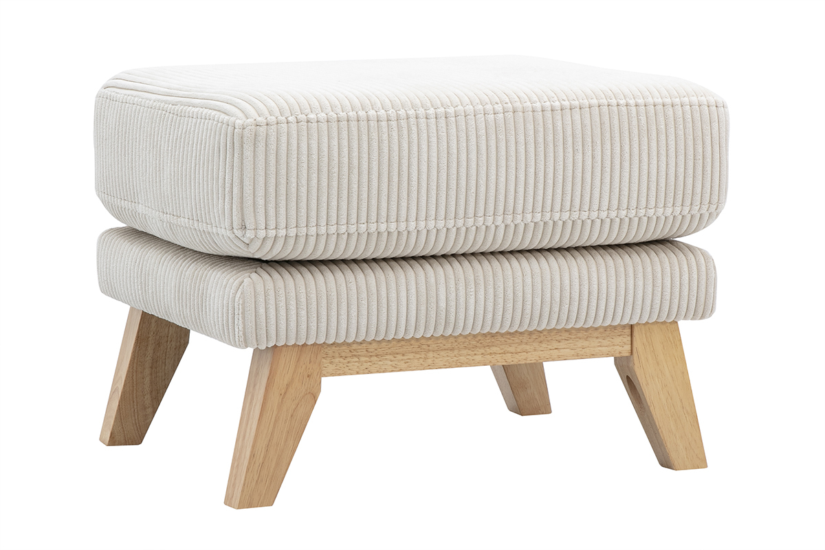 Skandinavischer Hocker Fusttze mit abnehmbarem Bezug in beige geripptem Samtstoff und hellem Holz OSLO