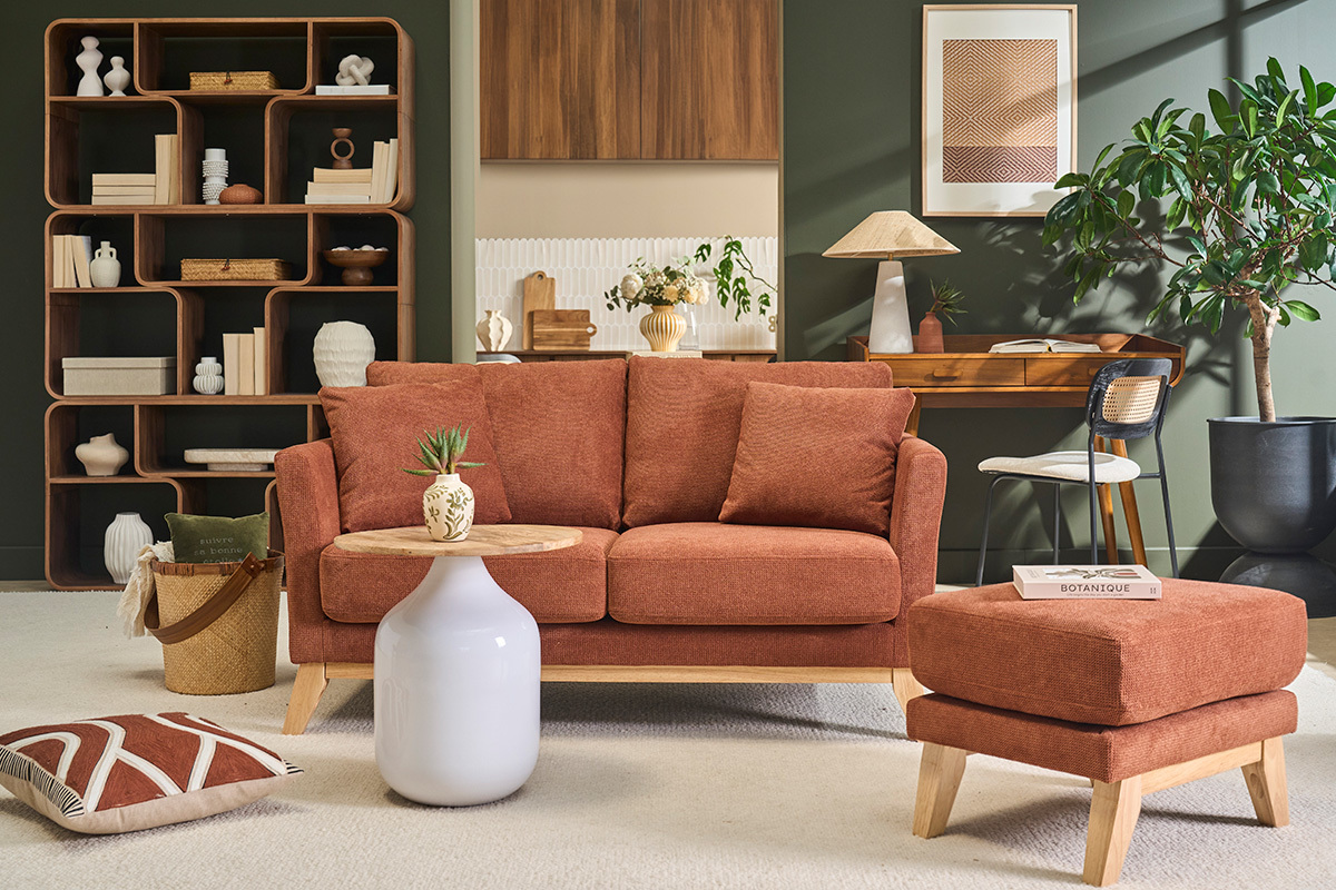 Skandinavischer Hocker in gebrannter Erde Chenille-Stoff und hellem Holz OSLO