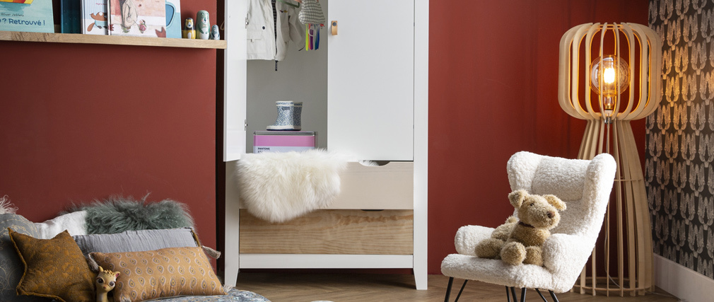 Skandinavischer Kleiderschrank mit Garderobe und Schubladen aus Holz weiß MOLENE
