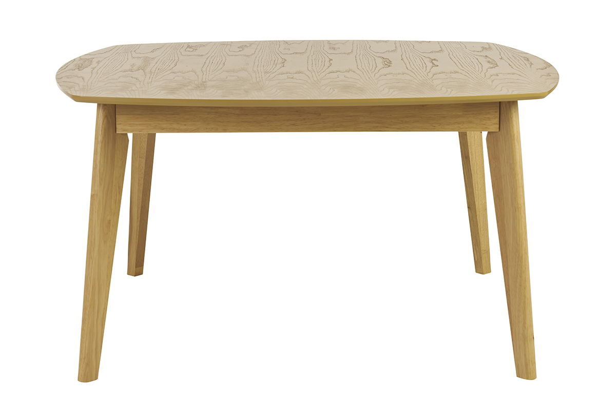 Quadratischer skandinavischer Esstisch aus hellem Holz, Vorderansicht.