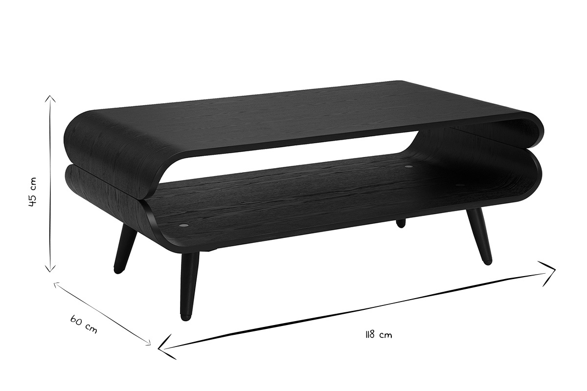 Abmessungen des rechteckigen Couchtischs TAKLA in Schwarz und Wei�, L118 cm, H45 cm, T60 cm.