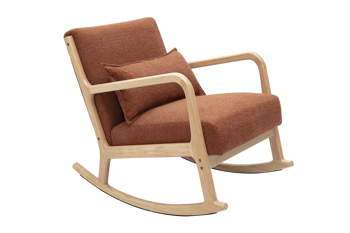 Skandinavischer Schaukelstuhl aus rostbraunem Stoff mit Samteffekt und hellem Massivholz DERRY