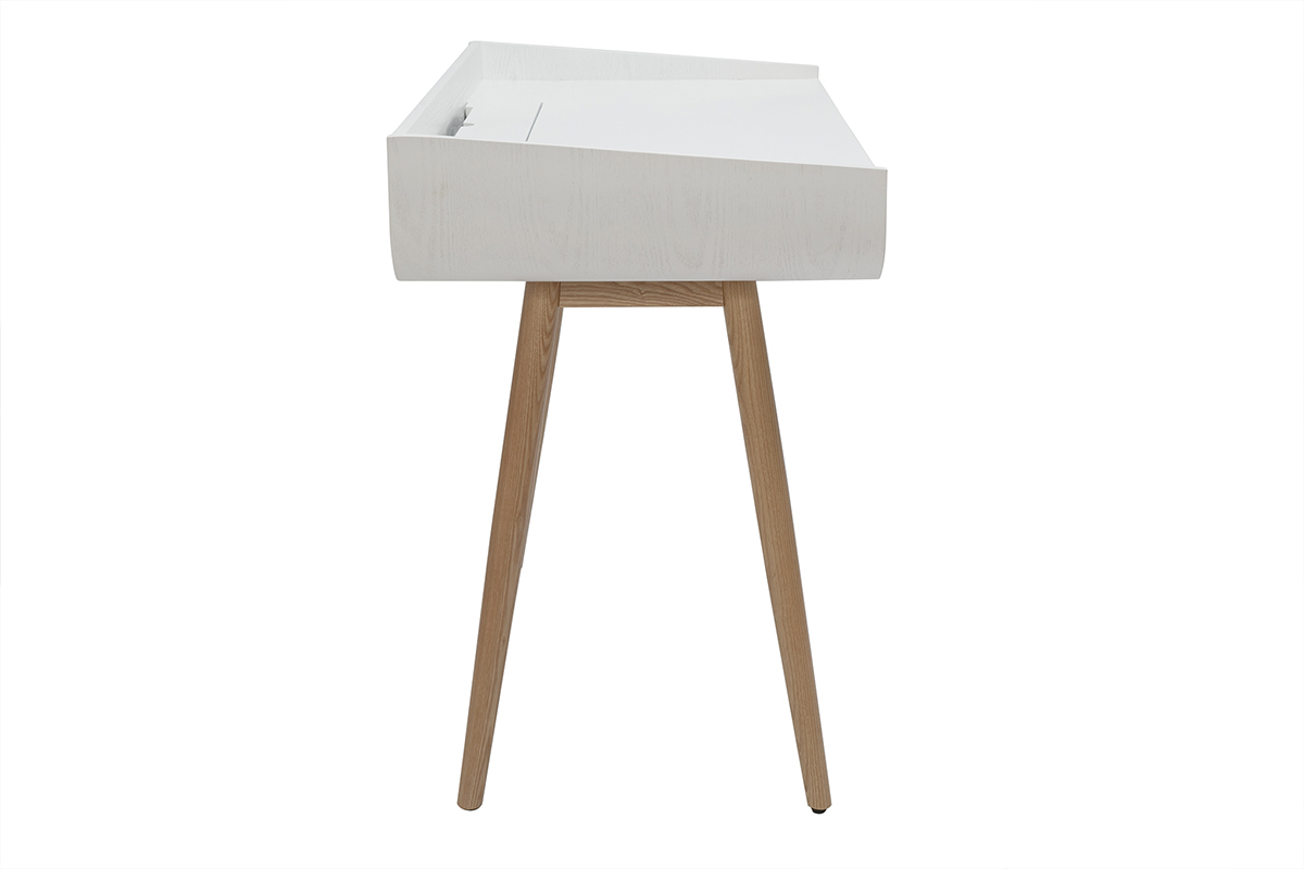 Skandinavischer Schreibtisch in Wei und hellem Holz mit 2 Schubladen Aufbewahrung L100 cm HALLEN