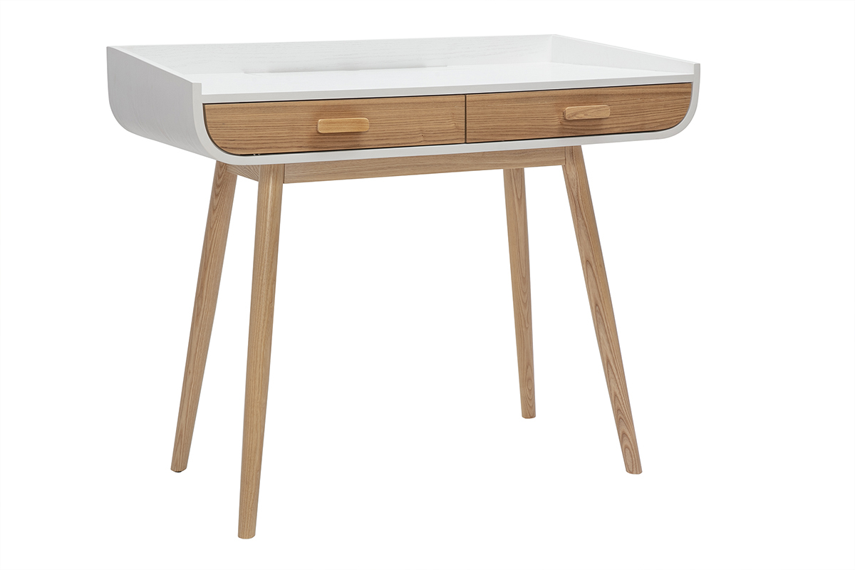 Skandinavischer Schreibtisch in Wei und hellem Holz mit 2 Schubladen Aufbewahrung L100 cm HALLEN