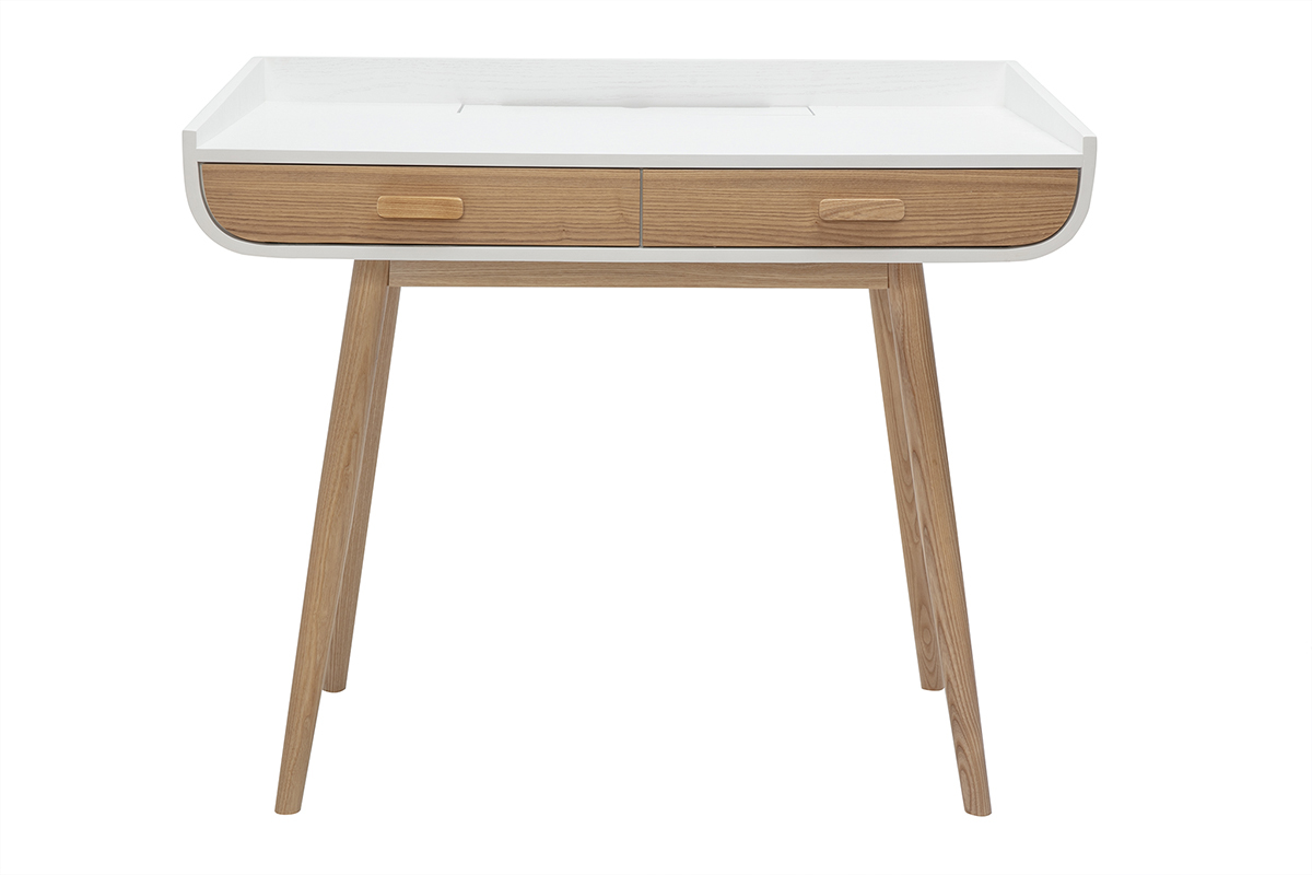 Skandinavischer Schreibtisch in Wei und hellem Holz mit 2 Schubladen Aufbewahrung L100 cm HALLEN