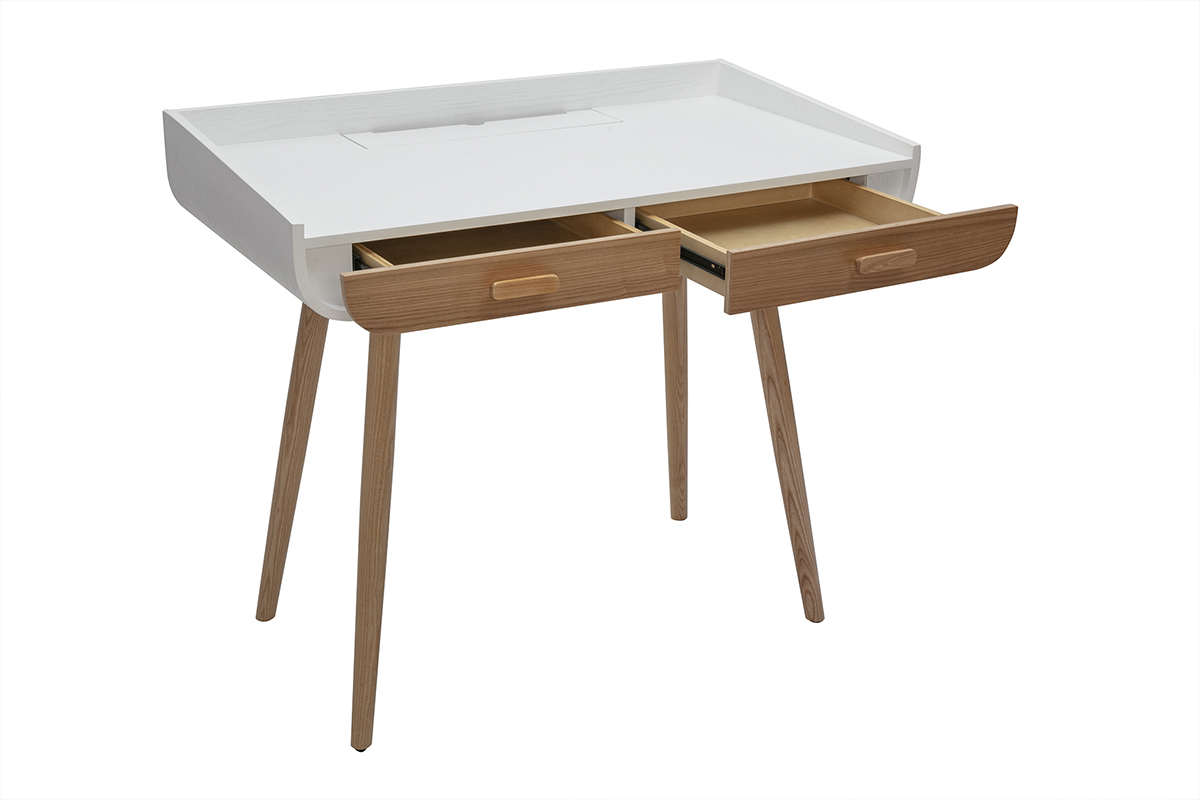Skandinavischer Schreibtisch in Wei und hellem Holz mit 2 Schubladen Aufbewahrung L100 cm HALLEN