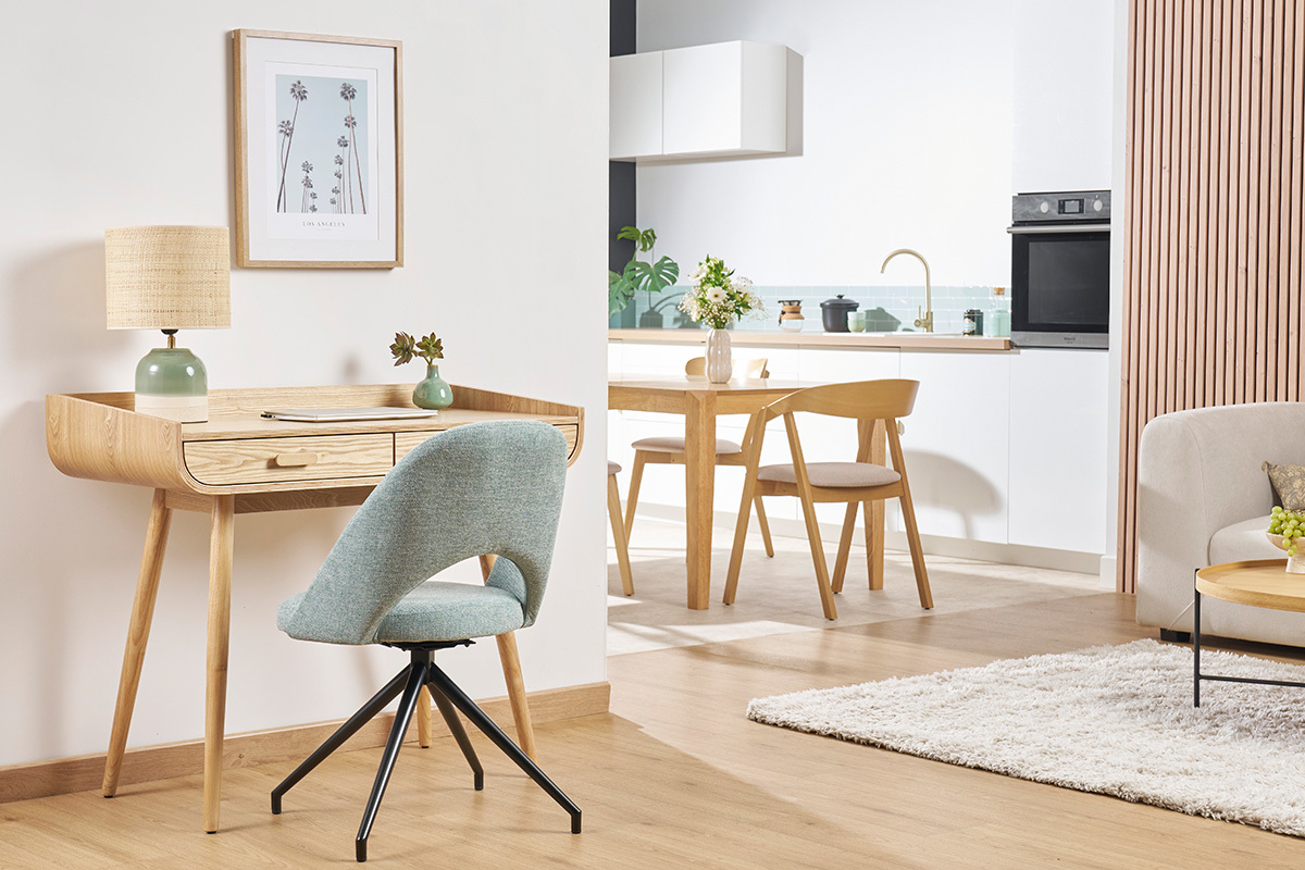 Skandinavischer Schreibtisch in Wei und hellem Holz mit 2 Schubladen Aufbewahrung L100 cm HALLEN