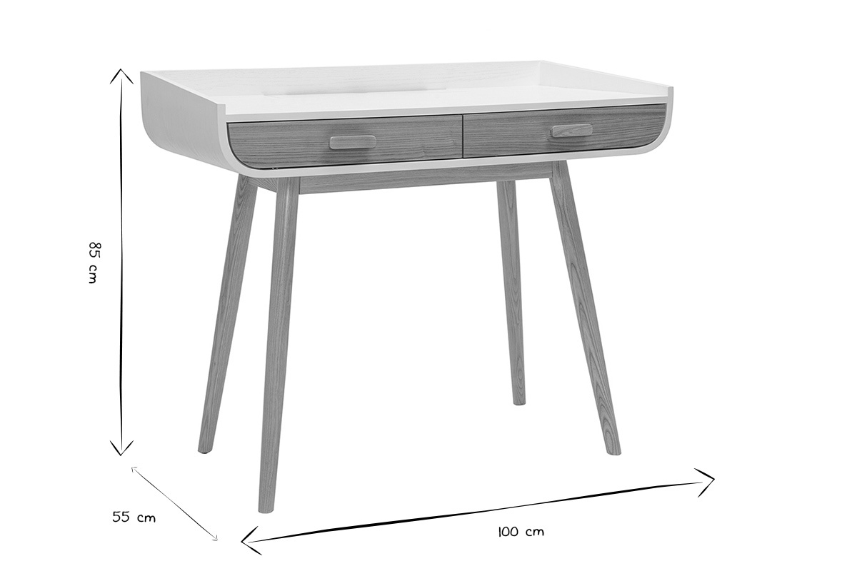 Skandinavischer Schreibtisch in Wei und hellem Holz mit 2 Schubladen Aufbewahrung L100 cm HALLEN