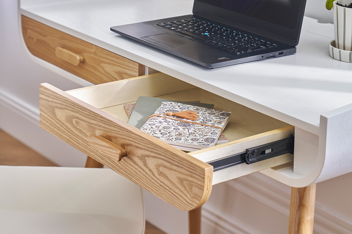 Skandinavischer Schreibtisch in Wei und hellem Holz mit 2 Schubladen Aufbewahrung L100 cm HALLEN