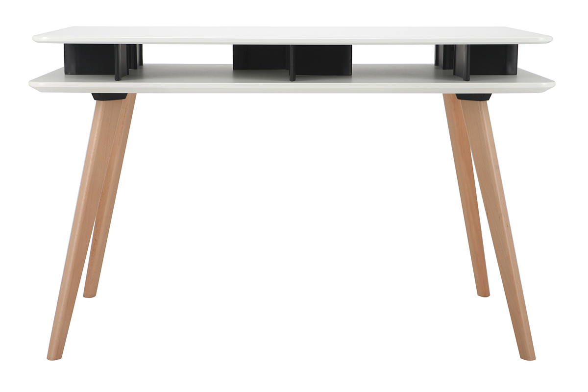 Skandinavischer Schreibtisch wei� und schwarz mit Stauraum und Tischbeinen aus Holz LEVY