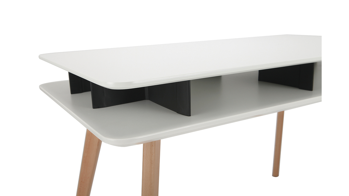 Skandinavischer Schreibtisch wei und schwarz mit Stauraum und Tischbeinen aus Holz LEVY