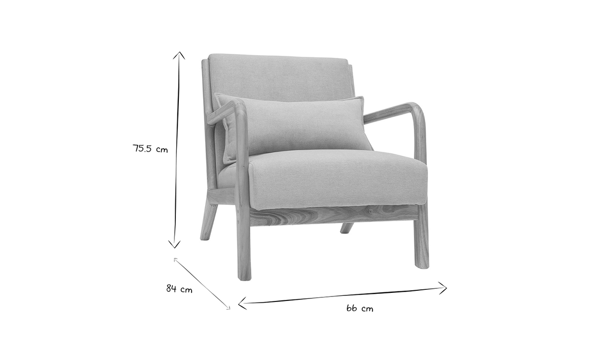 Skandinavischer Sessel aus hellgrauem Stoff mit Samteffekt und hellem Massivholz DERRY