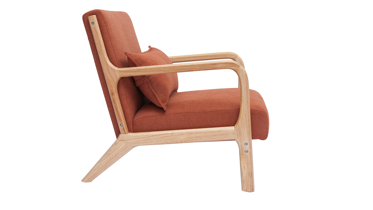 Skandinavischer Sessel aus rostbraunem Stoff mit Samteffekt und hellem Massivholz DERRY