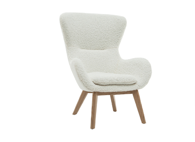 Skandinavischer Sessel aus weißem, gelocktem Woll-Effekt-Stoff und Holz ESKUA