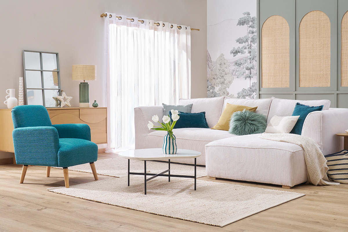 Skandinavischer Sessel in Entenblau und hellem Holz ISKO