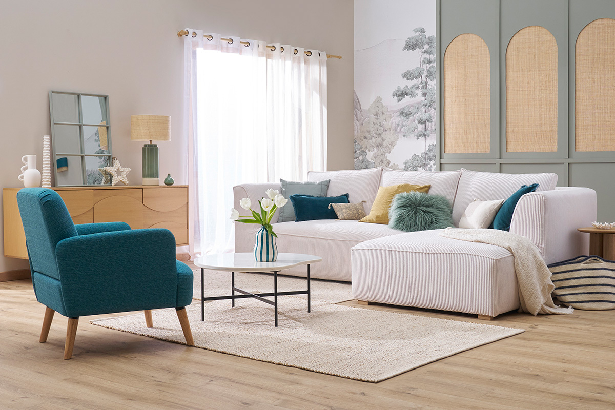 Skandinavischer Sessel in Entenblau und hellem Holz ISKO