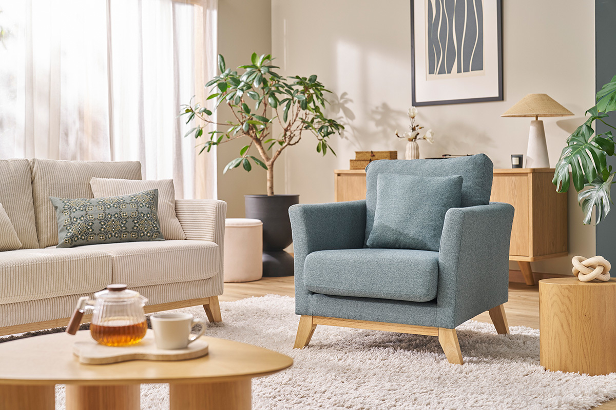 Skandinavischer Sessel mit abnehmbarem Bezug aus graugrnem Stoff und hellem Holz OSLO