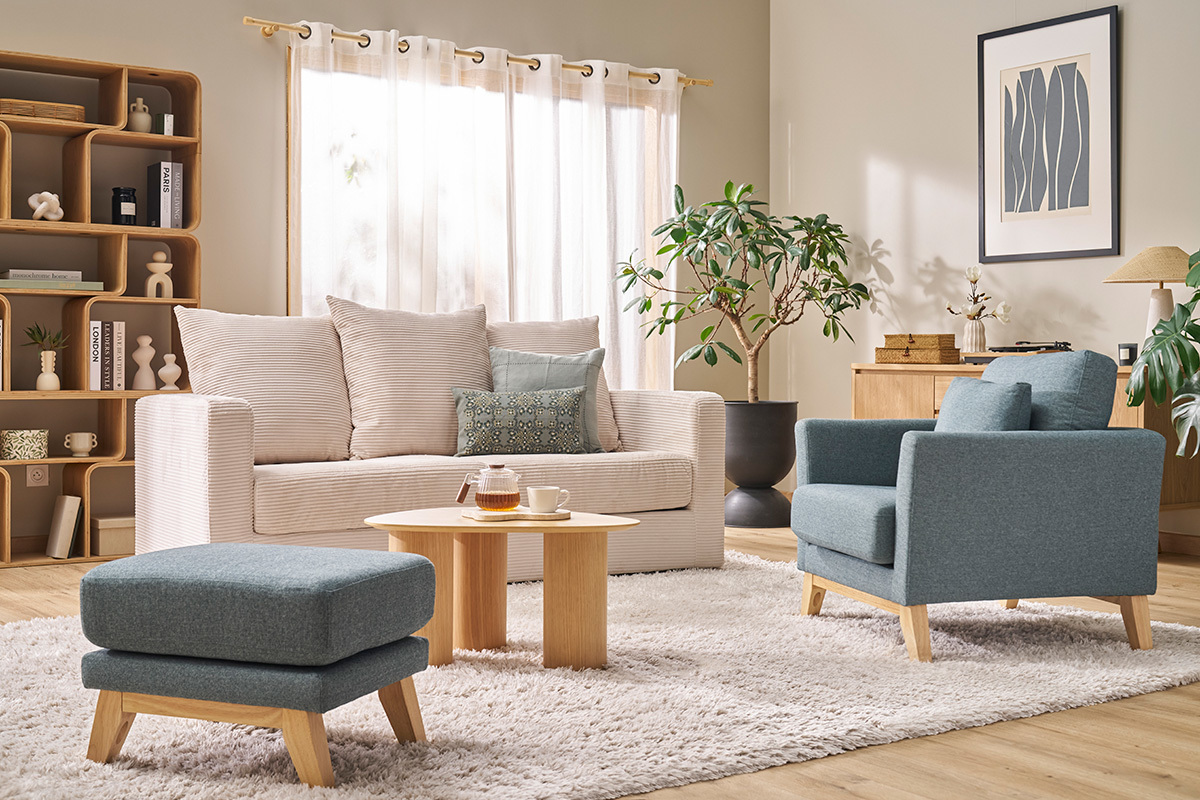 Skandinavischer Sessel mit abnehmbarem Bezug aus graugrnem Stoff und hellem Holz OSLO