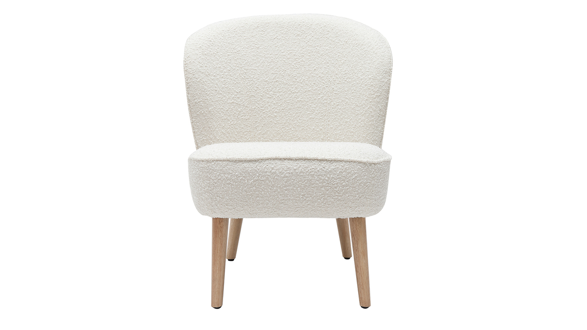 Skandinavischer Sessel mit Bouclé-Wolleffekt in Weiß und massivem Hevea-Holz AMANITA